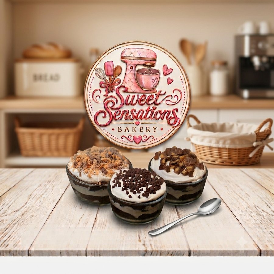 Three Death by Chocolate brownie parfaits topped with whipped cream, chocolate chips, Heath and peanut butter cup, beside the Sweet Sensations Bakery logo.
